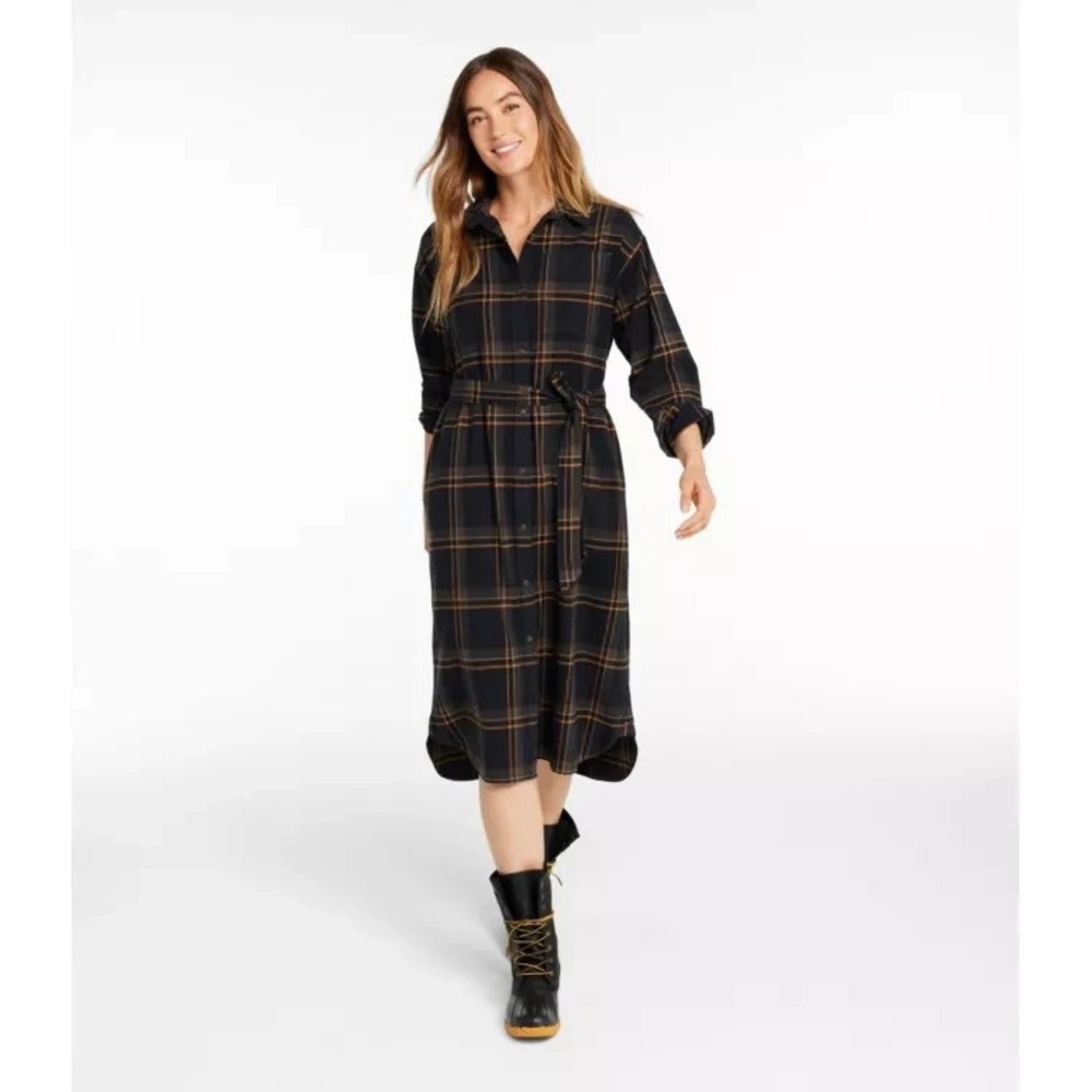 NWT LL Bean Signature Camp Flannel Midi Dress XL Plaid Belted Shirt Dress
